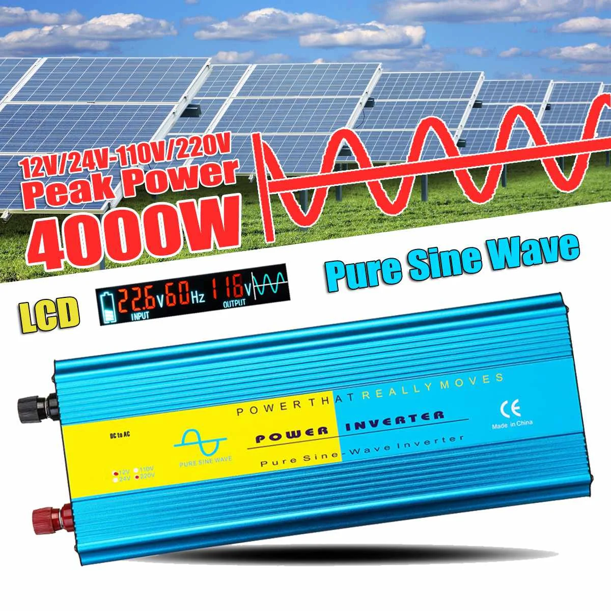 

Solar Inverter 12V 220V 4000W Pe ak Pure Sine Wave Voltage Transformer Converter DC12V/24V AC 110V/220V car Inverter 60Hz LCD