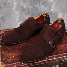 Itália real dos homens camurça de couro sapatos feitos à mão, Preto/brown dupla fivela dedo do pé redondo sapatos monge, formal businese shoes sapatas do partido