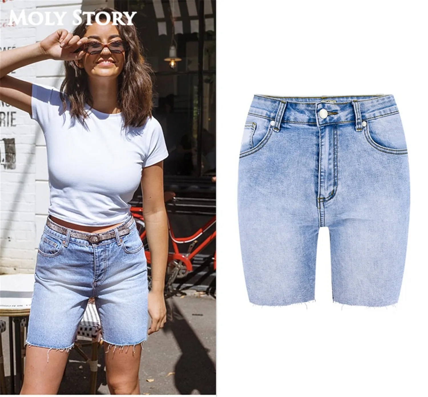 high waisted mid length denim shorts