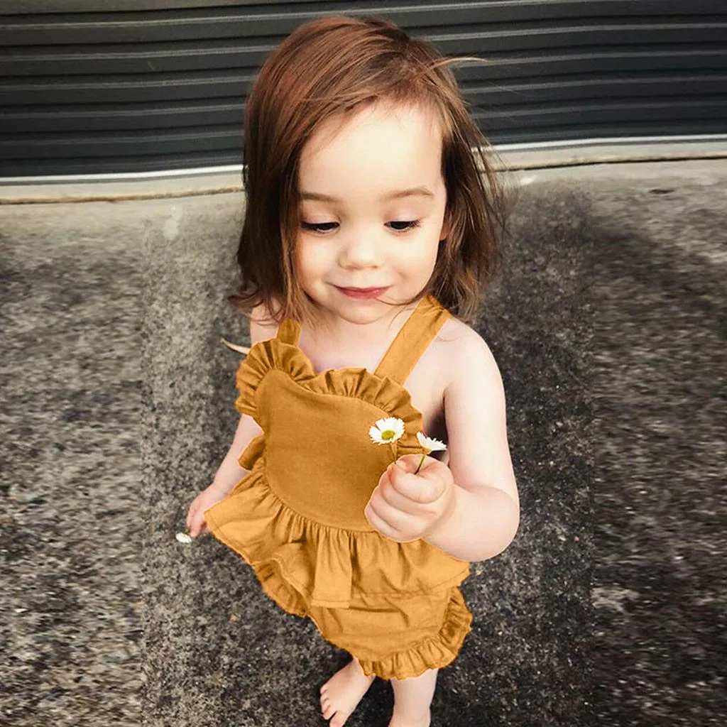 

Toddler Baby Girls Sleeveless Ruffles Backless Vest Tops+Solid Shorts Outfits