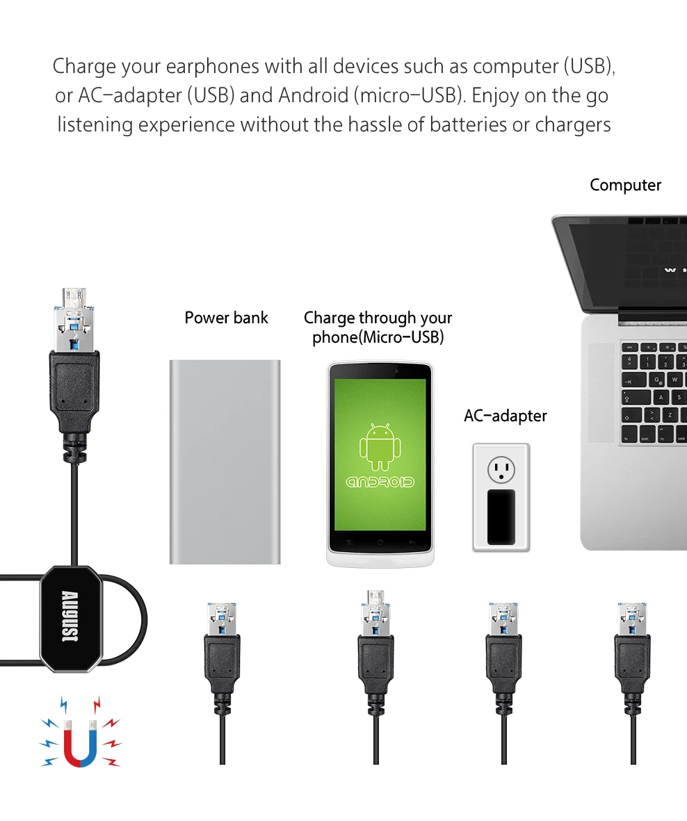August EP725 Wireless Earphones support OTG Magnetic Charhing Technology