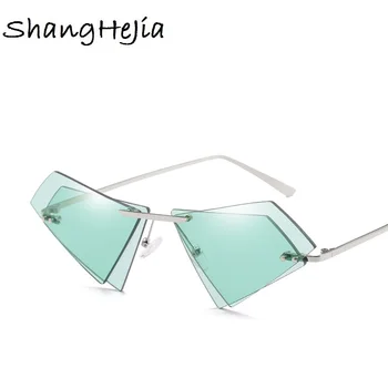 

Unique Cat Eye triangle sunglasses with red lenses metal yellow pink rimless sun glasses for women Small Size Triangle female u