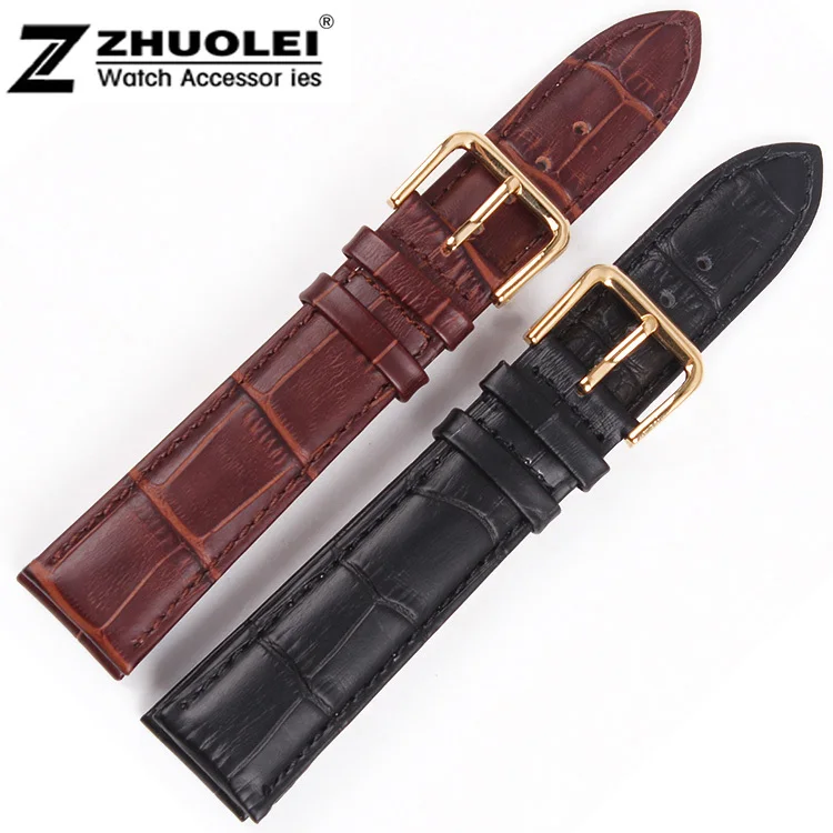 

18mm 19mm 20mm 21mm 22mm Gold Stainless Steel Buckle Clasp Black Brown Genuine Leather Watch Band Bracelet Strap Free shipping