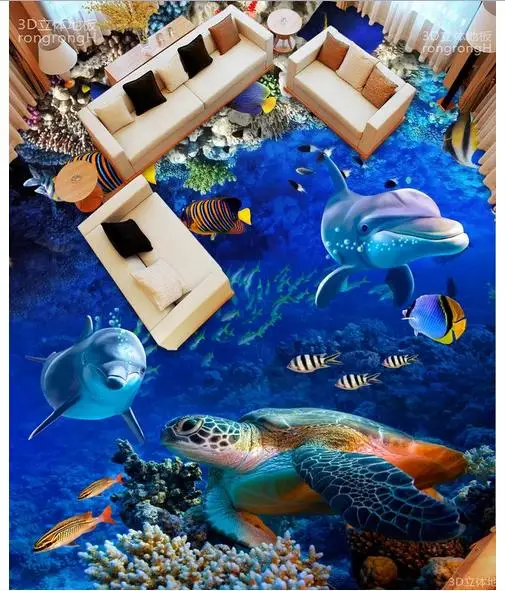 

Custom photo Waterproof floor wallpaper Dolphins and sea turtles 3d mural PVC wallpaper self-adhesion floor wallpaer