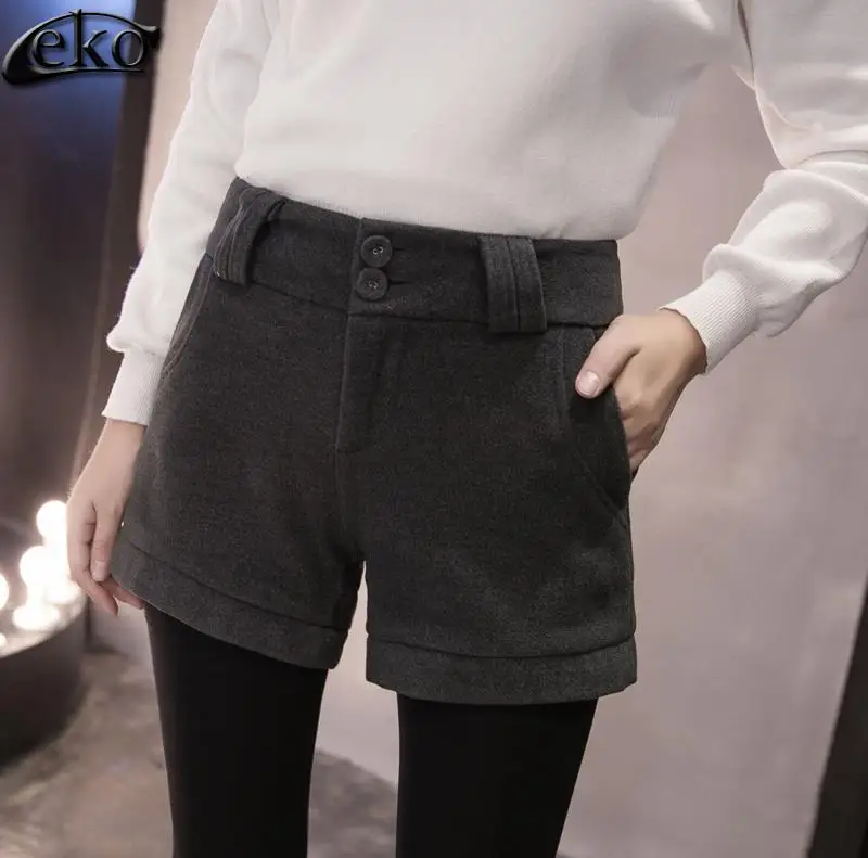 

Fashion Woolen Shorts Women Autumn Winter Women High Waist Shorts Pockets Black, Gray Elegant Slim Women Shorts