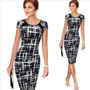 

TYJTJY 2019 New Fashion Women Dress Elegant Business Casual Wear To Work Party Stretch short sleeve Printed Womens clothing