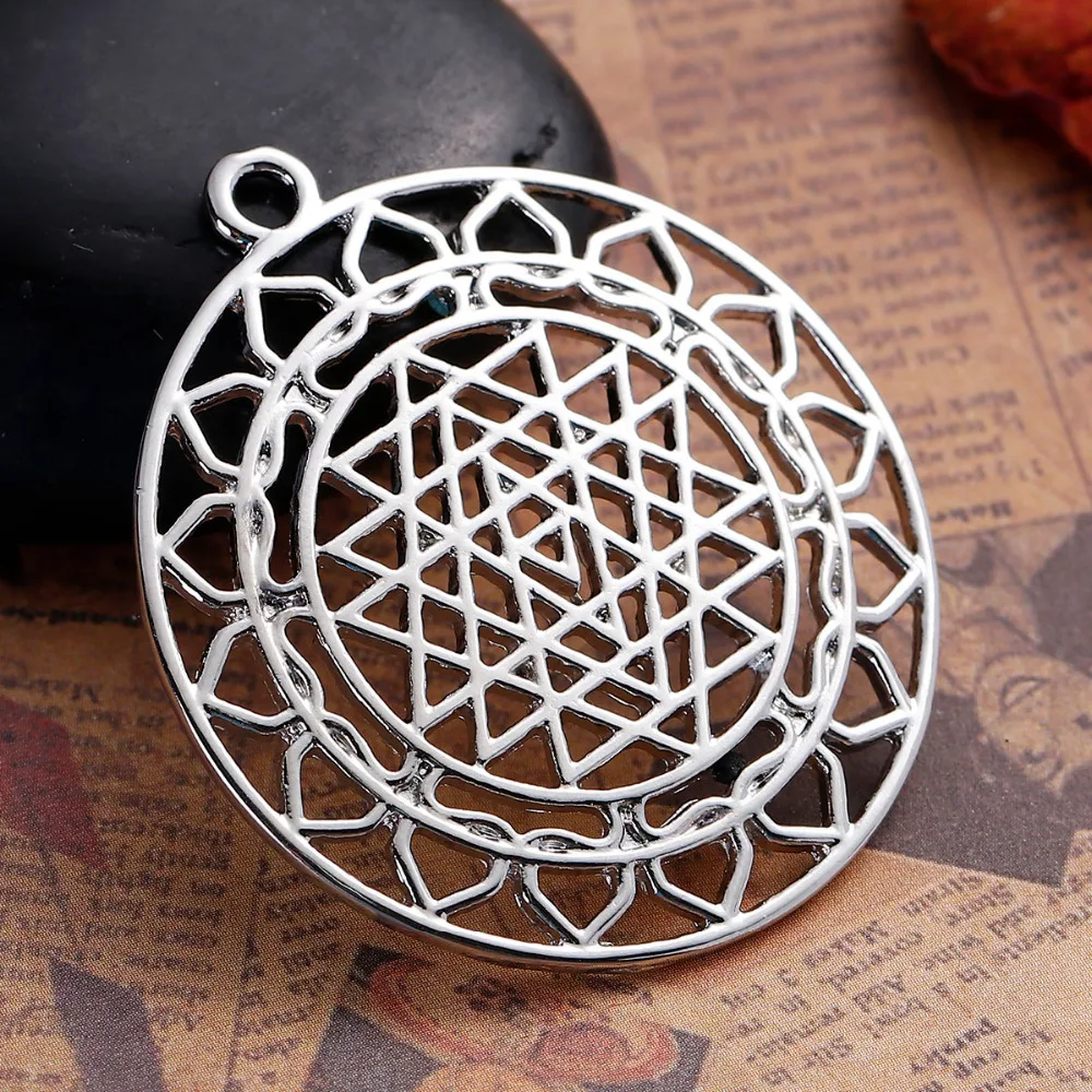 

DoreenBeads Zinc Based Alloy Silver Tone Round Sri Yantra Meditation Pendants Hollow DIY Components 44mm x 39mm(1 4/8"), 3 PCs