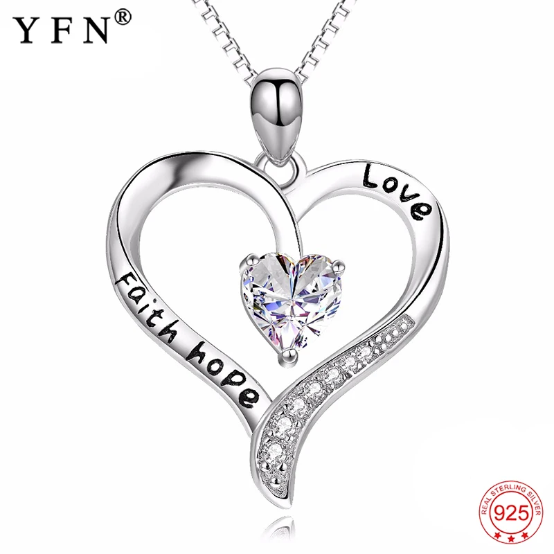 YFN 925 Sterling Silver Necklace Love Heart &quotLove Faith Hope&quot Pendants Necklaces Fashion Jewelry For Women Valentine's Day Gift |