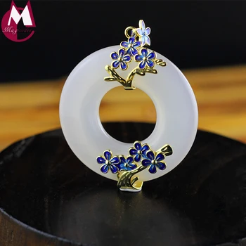

44MM Round Gemstone White Jade Pendant Enamel Gold Color Flower Fine Jewelry Genuine 925 Sterling Silver Necklade Hot Sale