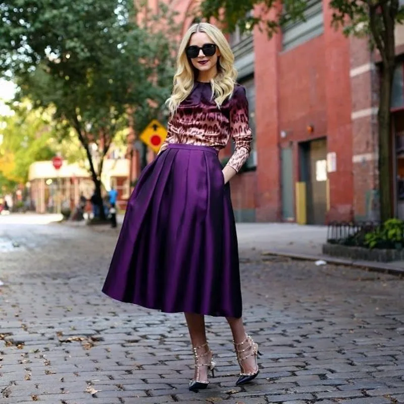 2015 Autumn Fashion Purple Satin Skirt with Pleat And Invisible Side Pocket Tea Length Long A-line Maxi High Waist Women Skirt38