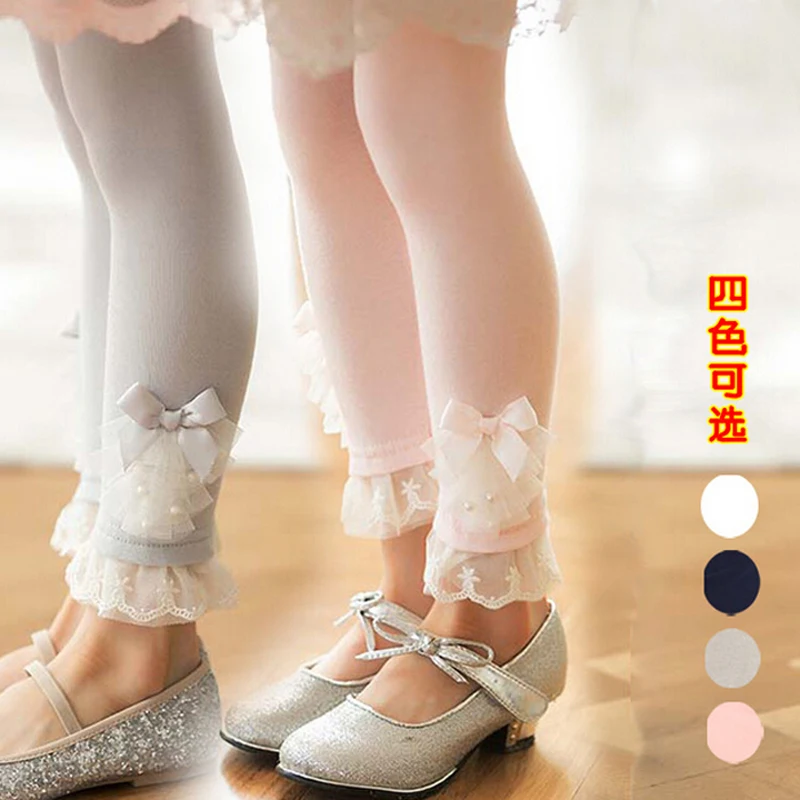hot sale toddler girls lace leggings kids Classic flower pearl bow