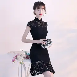 Традиционные китайское платье Qipao женские вечерние платья Винтаж Cheongsam для женщин невесты короткие черные кружево современный платье