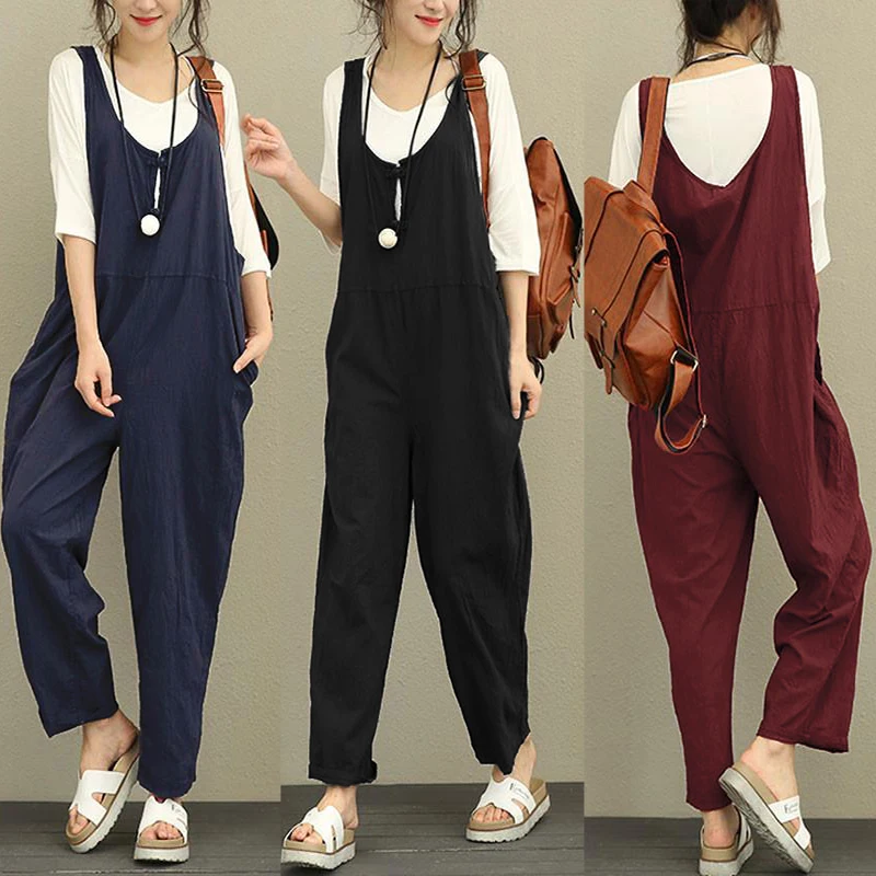 

Celmia Women Jumpsuit 2019 Summer Casual Sleeveless Vintage Playsuits Long Trouser Lady Dungarees Rompers Plus Size Overalls 5XL