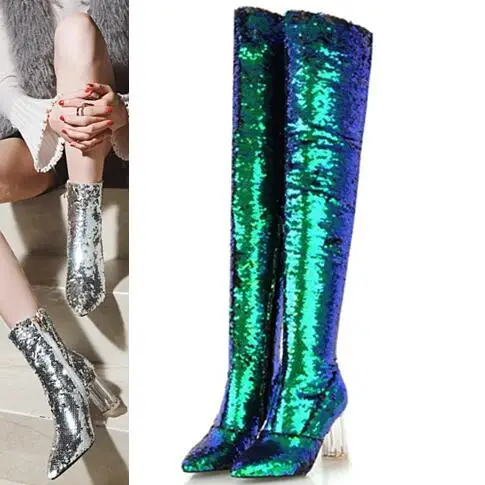 

Fashion Womens Over The Knee Boots Plus Size Crystal Heel Sequins High Heels Sexy Club Shoes G62