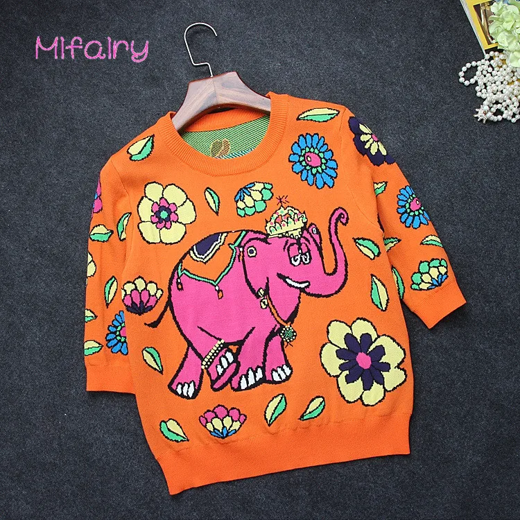 

Free Shipping 2017 Yellow Half Sleeves Women's Pullovers Summer Elephant Florals Jacquard Runway Women's Sweaters S005