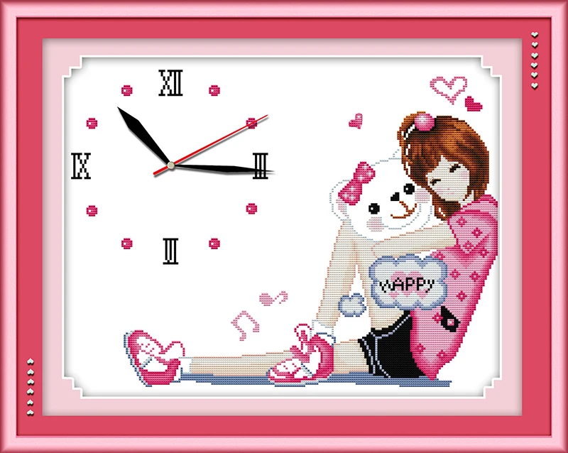Happy Times(1) Cross Stitch Kit 14ct 11ct Count Print Canvas Wall Clock Stitching Embroidery Diy