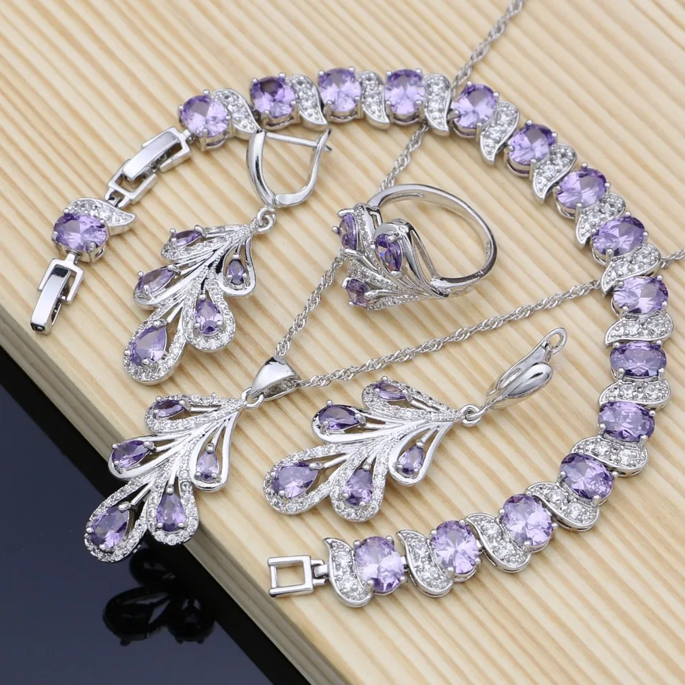 

Natural 925 Silver Bridal Jewelry Sets Purple CZ Costume Jewelry Kits For Women Earrings/Pendant/Rings/Bracelet/Necklace Set