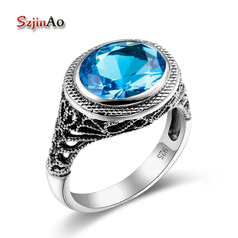 

Szjinao One Piece Blue Topaz Ring 925 sterling-silver-jewelry Vintage Oval Big Rings For Women Custom Processing