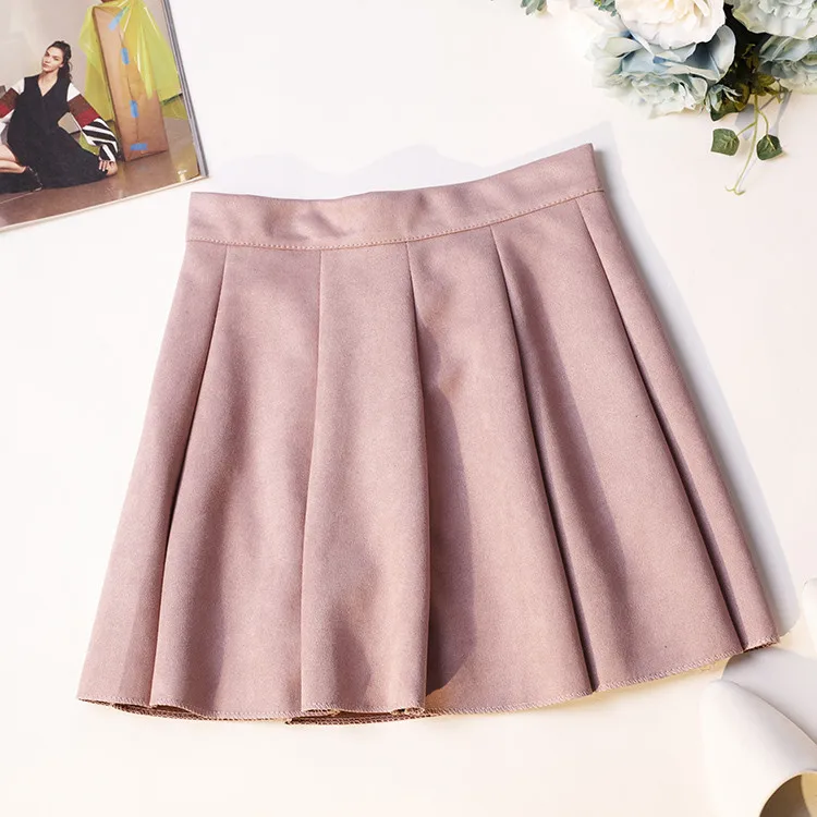 2018 Для Женщин Faux Suede Skirt осень-зима Высокая талия маленький зонтик юбки дамы-line мини-юбка универсальные плиссированные юбки 1093