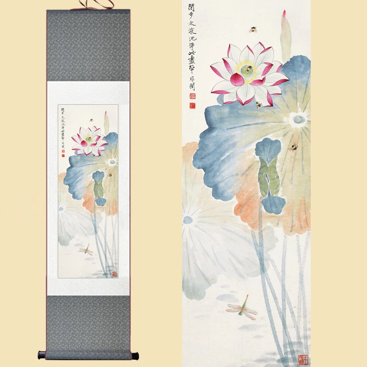 

Chinese Silk Watercolor Flower Lotus bee dragonfly print feng shui ink art wall picture damask framed scroll canvas painting