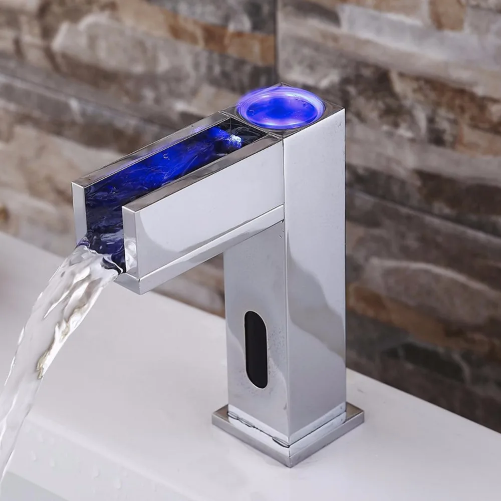 

LED Sensor Automatic Touchless Bathroom Basin Faucet Chrome Led Faucet Waterfall Sink Mixer Tap Faucet torneira para banheiro