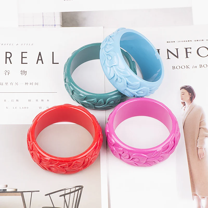 Trendy Resin Cuff Engraved Flowers Bracelets Bangles for Women Fashion Acrylic Round Bracelet Female Charm Wedding Gifts Jewelry (4)