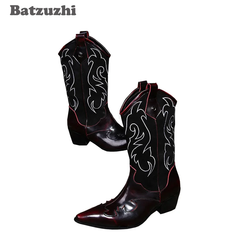 Batzuzhi 2020 Winter Rock Man's Boots Long High-top Shoes Embroidered Flowers Retro Casual Man Boots Leather Motocycle Boots!