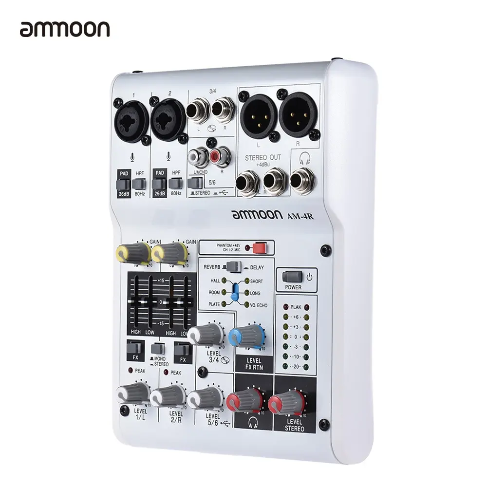 

ammoon AM-4R 6-Channel Sound Card Digital Audio Mixer Mixing Console Built-in 48V Phantom Power Support Powered by 5V Power Bank