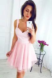 Розовый 2019 Homecoming платья A-Line v-образным вырезом Короткие Мини Тюль спинки элегантные коктейльные платья