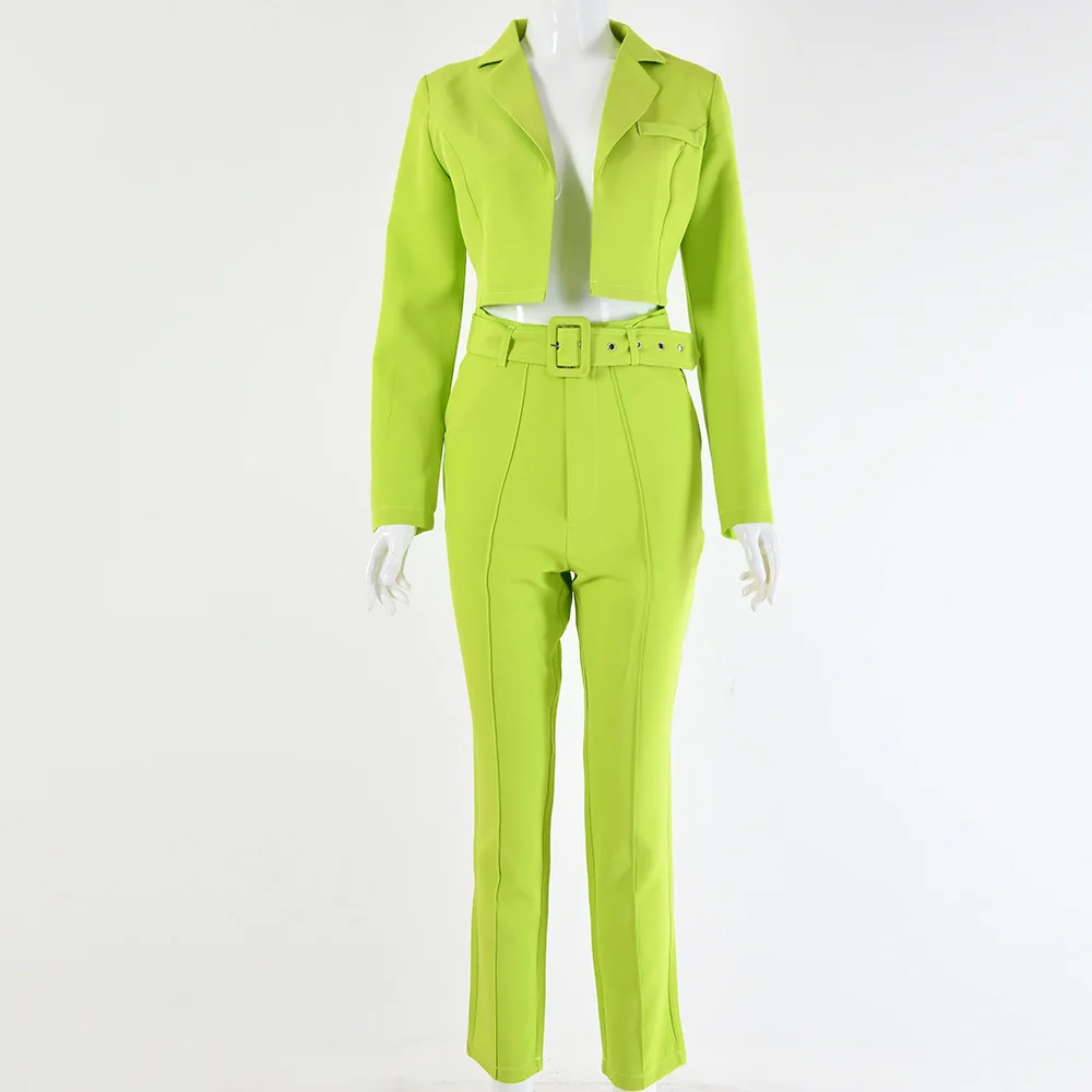 Laughido осень-зима зубчатый женские офисные комплекты с курткой-пуховиком кардиган Для женщин блейзеры и пояс узкие штаны в уличном стиле комплект из 2 частей - Цвет: Green