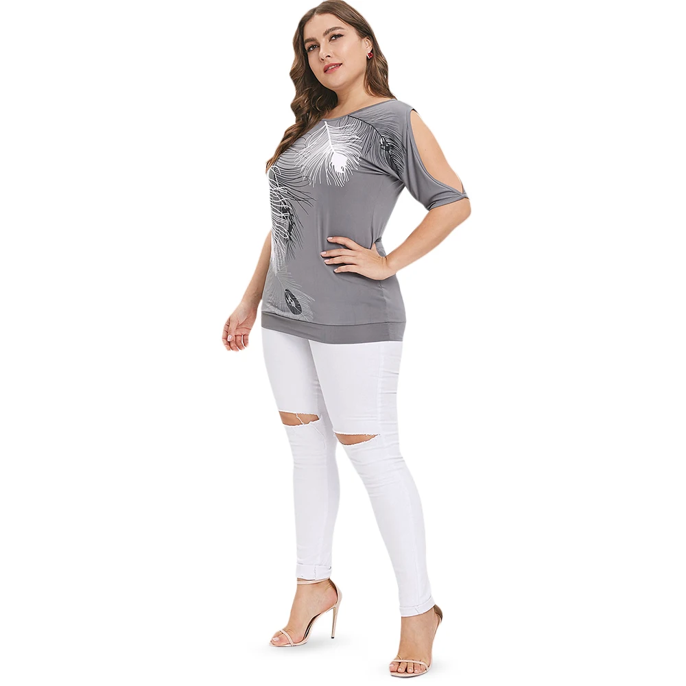 Женская футболка Летние перья с принтом и вырезом Рубашки Женские с коротким рукавом Длинная туника Повседневные женские топы Femme Футболка