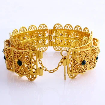 

New Big Wide Bangle Gold Color Dubai African Jewelry Bracelet Red / Blue / Green Zircon Arabic Middle Eastern Style for Women