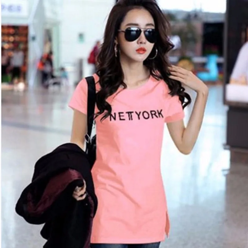Повседневная Свободная летняя футболка с коротким рукавом и буквенным принтом, женская футболка с разрезом по бокам, черная, белая, желтая, розовая, футболка, Топ A190