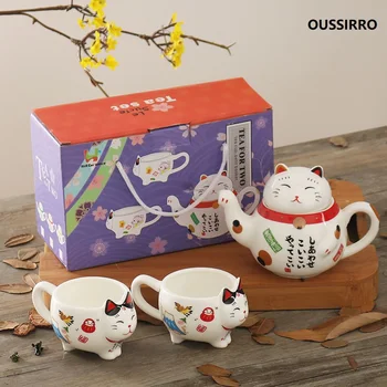 

OUSSIRRO Ceramic Teapot Teacup Set Teapot x 1 Mug x 2 Lucky Cat Mug Simple Tea Set Stainless Steel Filter W3240