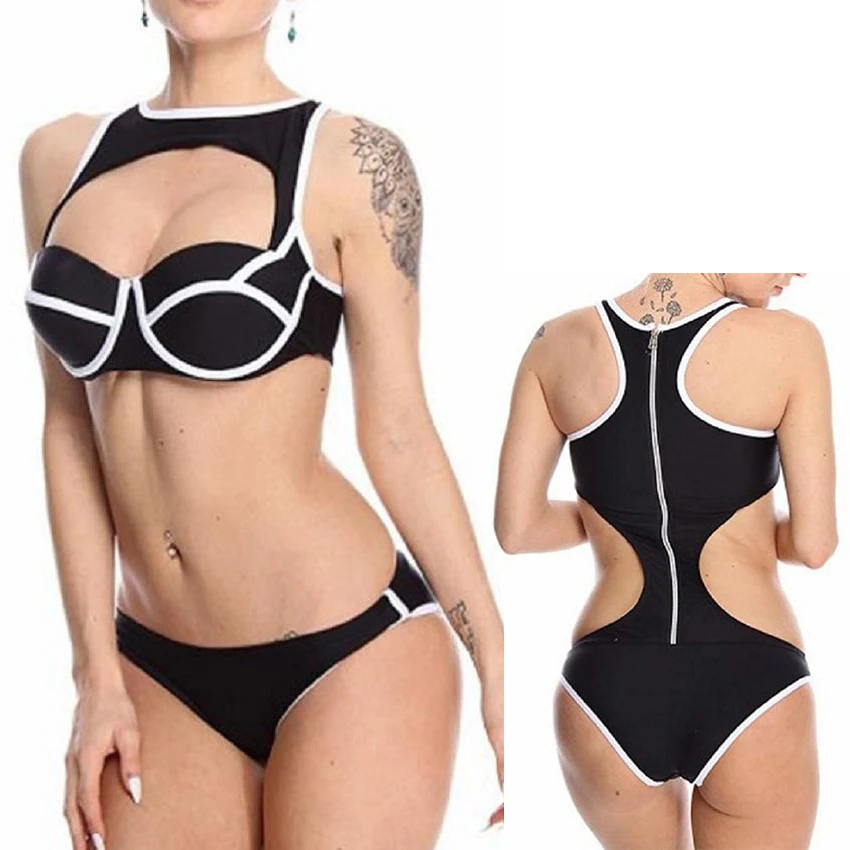 high neck hollow out underwire bra one piece swimsuit tankini