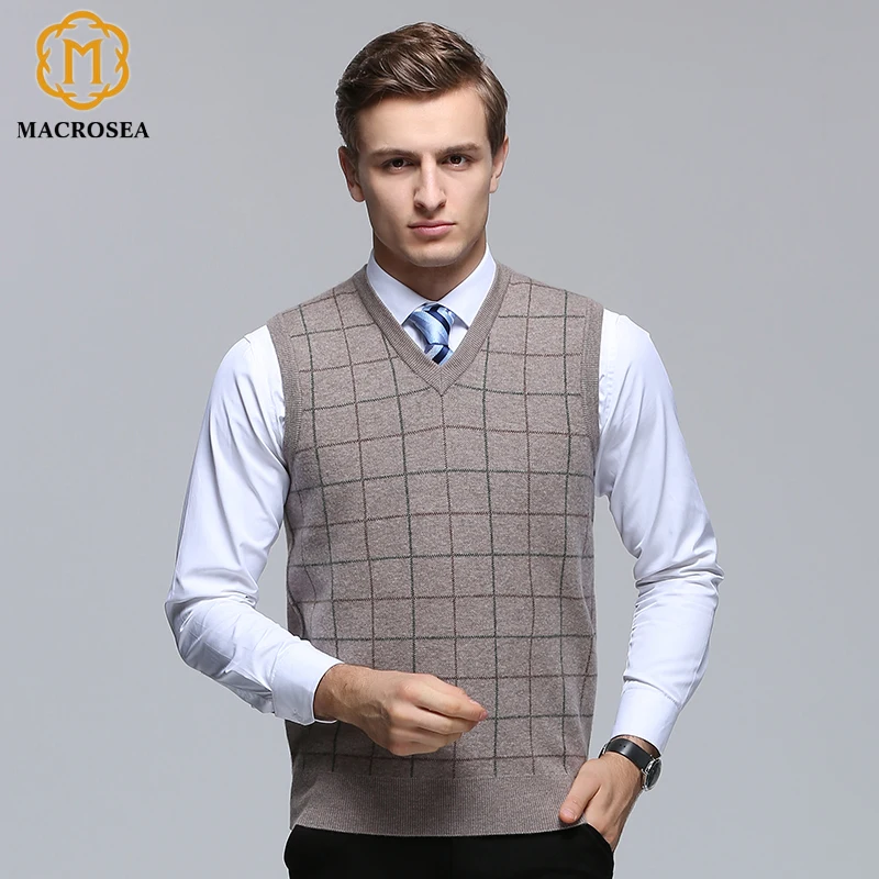 MACROSEA 100 Wool Men's Plaid Business Casual Vest Pullover Men V neck