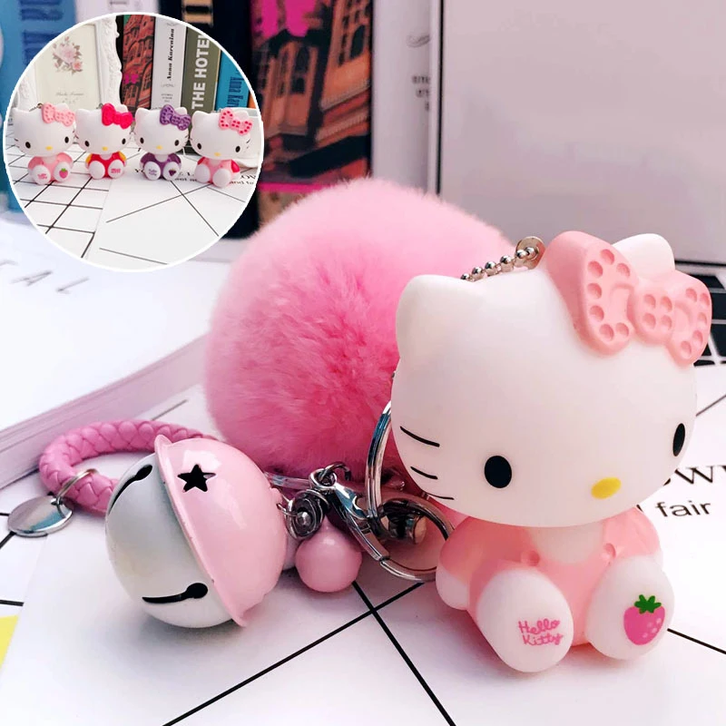 

Hello Kitty women Keychain cute Rabbit Fur Ball Pom Pom Fluffy Keychain Car Keyring Charm Bag Key Chians for ladies Porte Clef