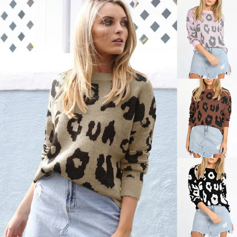 

2018 Autumn and Winter Women Long-sleeved Leopard Print Loose Sweater Fashion Sexy Knitting O-Neck Pullovers Long Sweaters