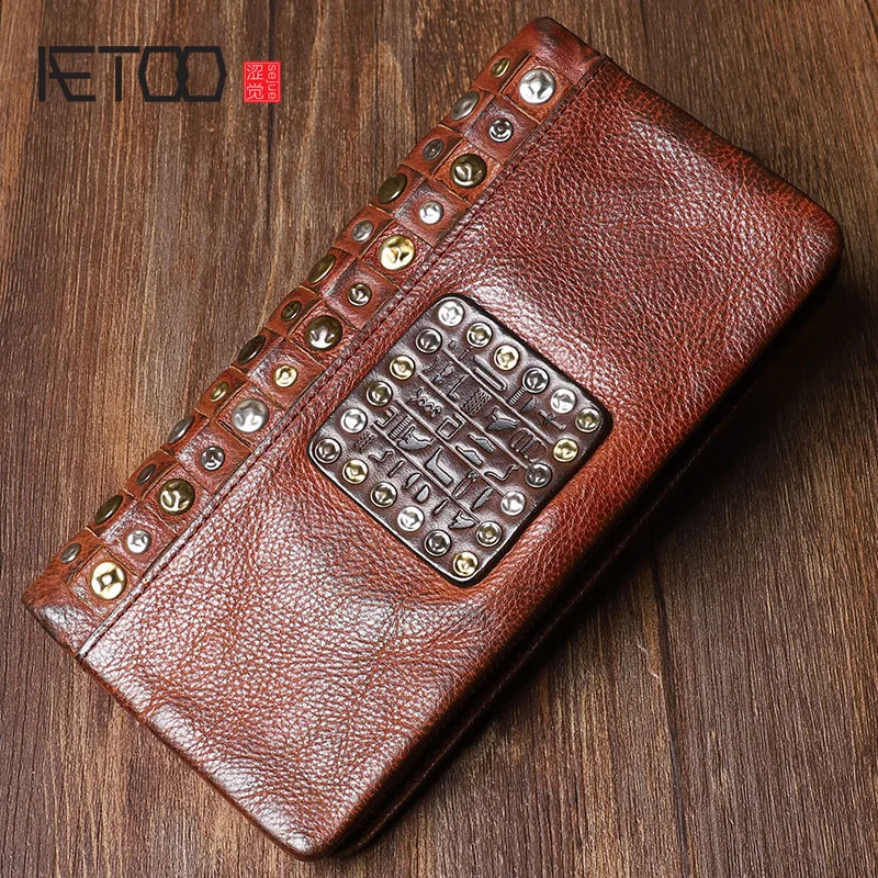 

BJYL The original retro art leather long wallet The first layer leather rivet fashion wallet young wave punk style