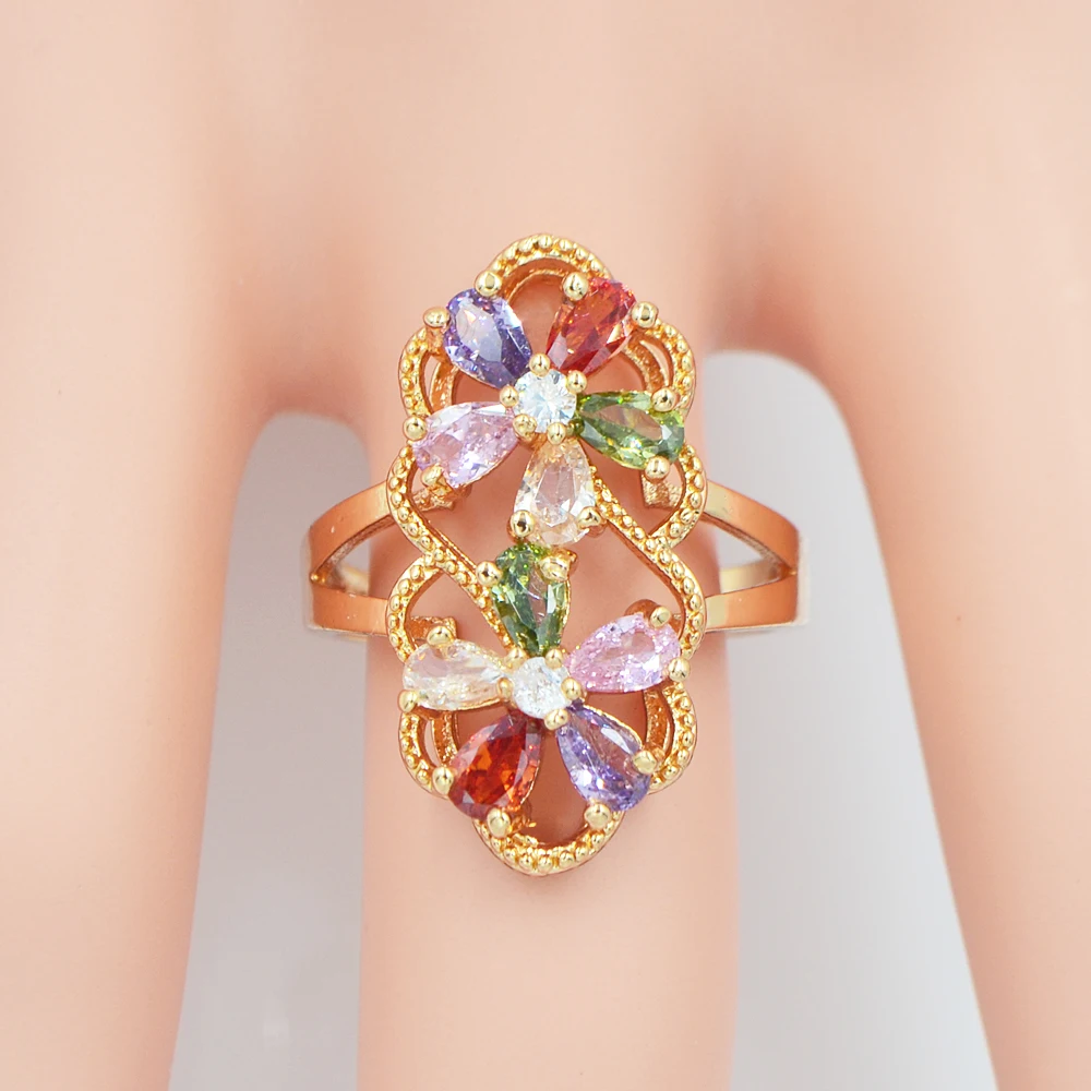 

Fashion Women Gold Color Rainbow Multicolor Cubic Zirconia CZ Double Flowers Cocktail Ring Jewelry