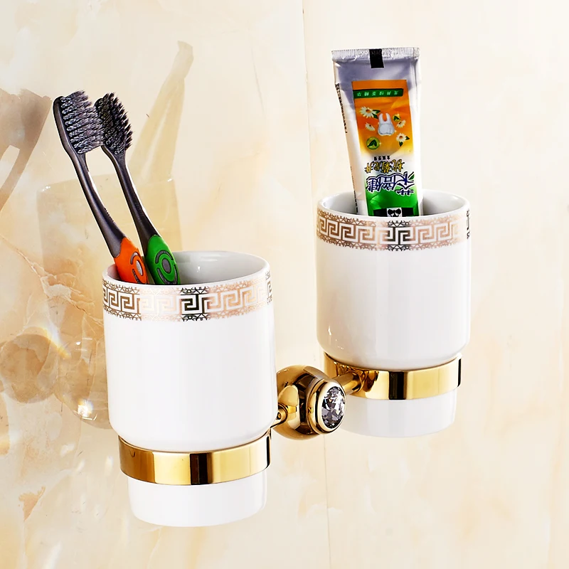 Billig Luxus Gold Kristall Badezimmer Zubehör Set Messing Europäischen Bad Hardware Set Zahnbürste Halter Metall Dusche Rack Korb