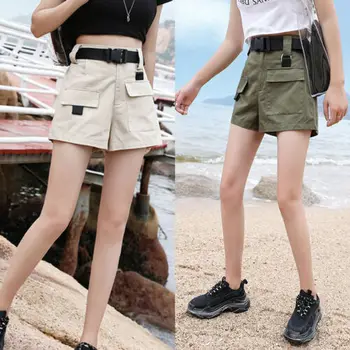 

Women Solid Overalls Shorts Breathable Cargo High Waist Safari Pocket Shorts Loose Schoolgirl Trouser Beach Sweet Summer Trouser