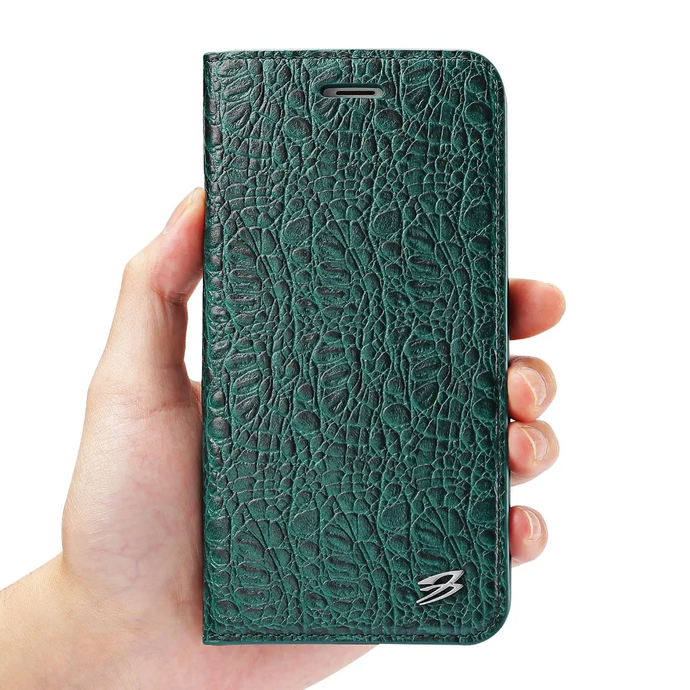 

(Green) Fierre Shann for iPhone 8 Case Real Leather Phone Cases for iPhone 7 Case Crocodile Embossed Folio Cover Card Slot Stand