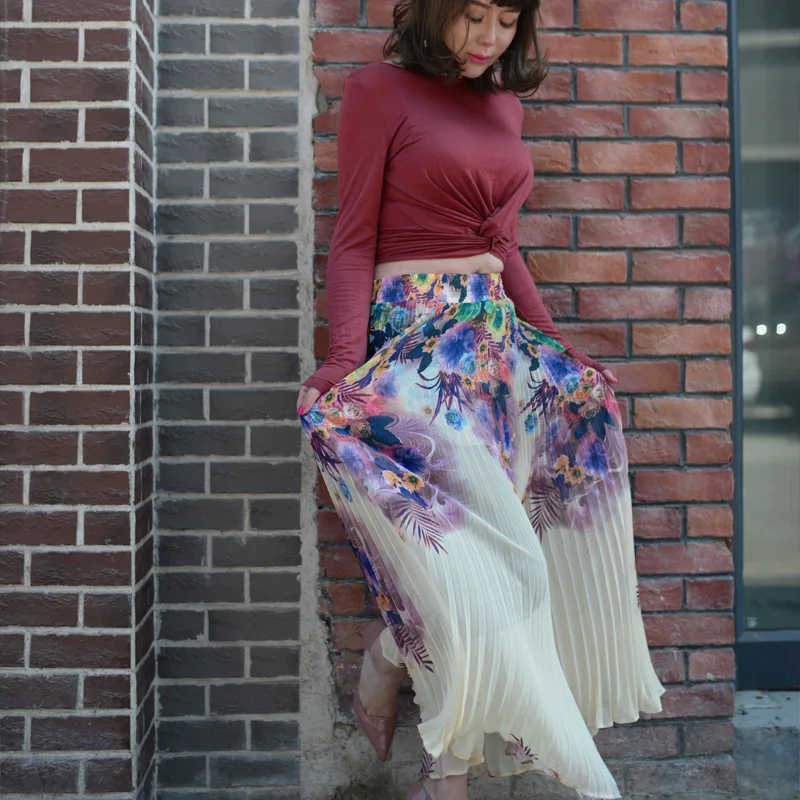 

2017 Pleated Skirts Womens Female Summer Fashion High Waist Straight Long Skirt Elegant Vintage Casual Jupe Saias