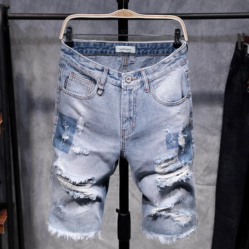 

Summer Lightweight Hole Denim Men Shorts Half Length Stretch Distressed Ripped Fashion Male Cowboy Trousers