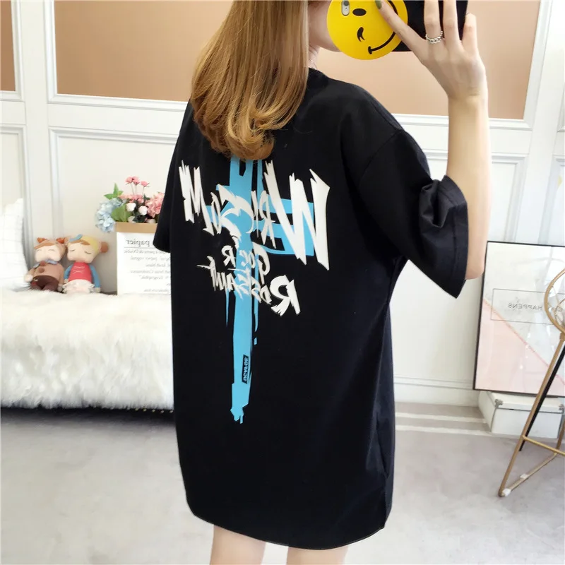 

2019 Summer New Women's T-Shirt Korean Style Loose Plus Fat Super Size Tops Long Black Print T-Shirt Women's Fashion T-Shirt
