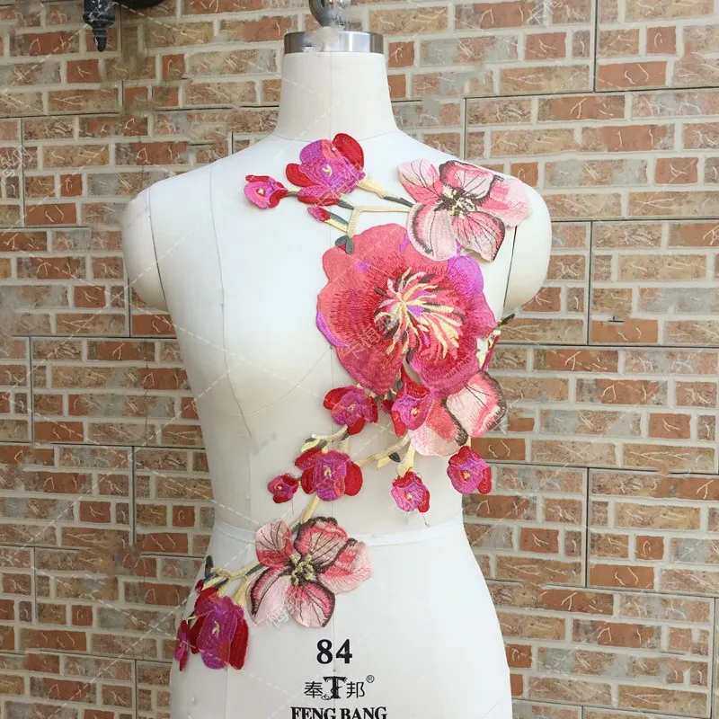 

52.5*33cm Large Embroidered Red Flower Patches Sew On Floral Patches Stickers Clothing Wedding Dress Lace Appliques Accessories