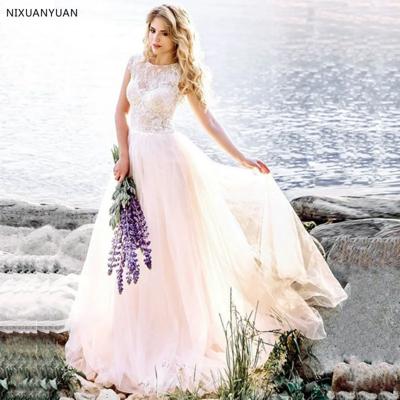 

Scoop Neck Wedding Dress Vestido De Noiva Cap Sleeve See-through Lace Wedding Dresses for Bride Back Buttons