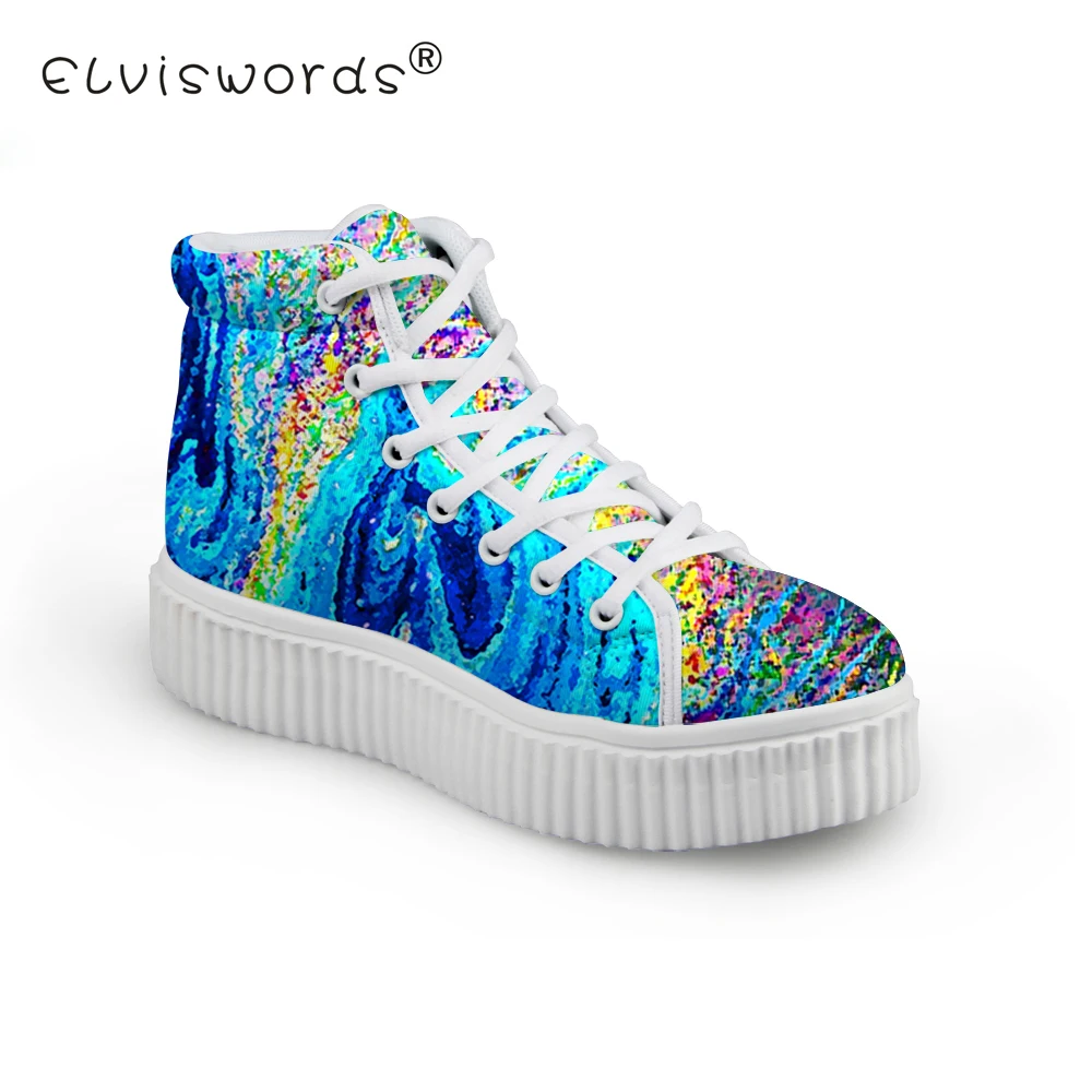 ELVISWORDS Women's Graffiti Flat Shoes Ladies Blue Prints