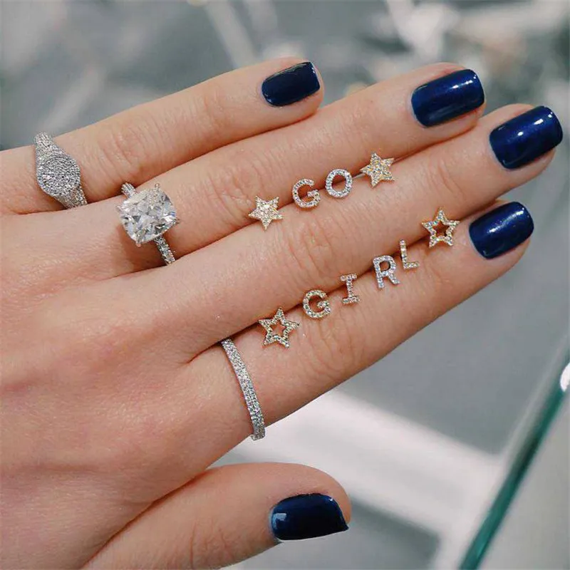 

10 Pcs/set GO GIRL Letters Moon Stars Crystal Stud Earrings Set for Woman Boucle D'oreille Jewelry Dazzling Earring Broncos